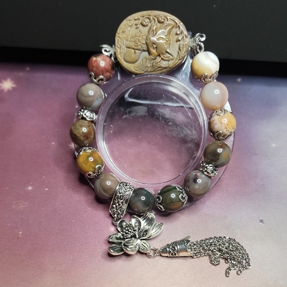 Silver and Brown Beaded Bracelet with Floral Charm